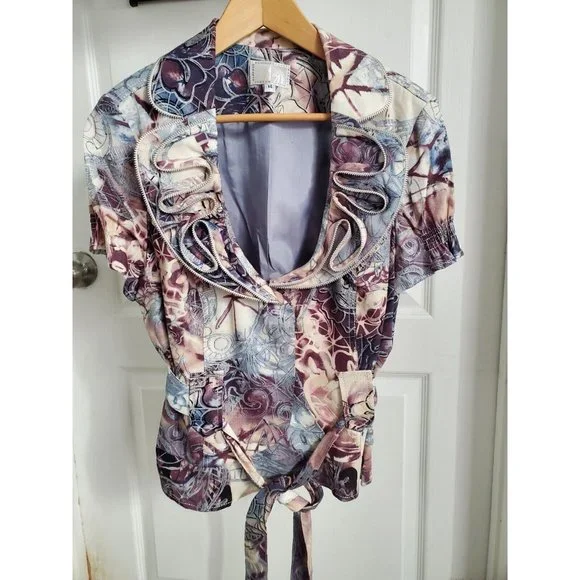 Alberto Makali Linen Blend Tapestry Ruffle Zip Front Short Sleeve Jacket With... - Picture 2 of 8